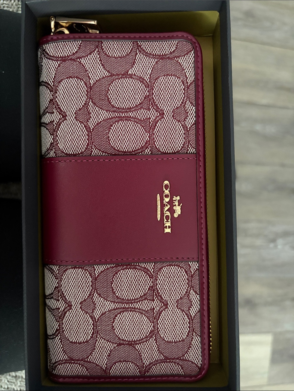 Coach Wine Signature Zip Wallet with Gold Hardware